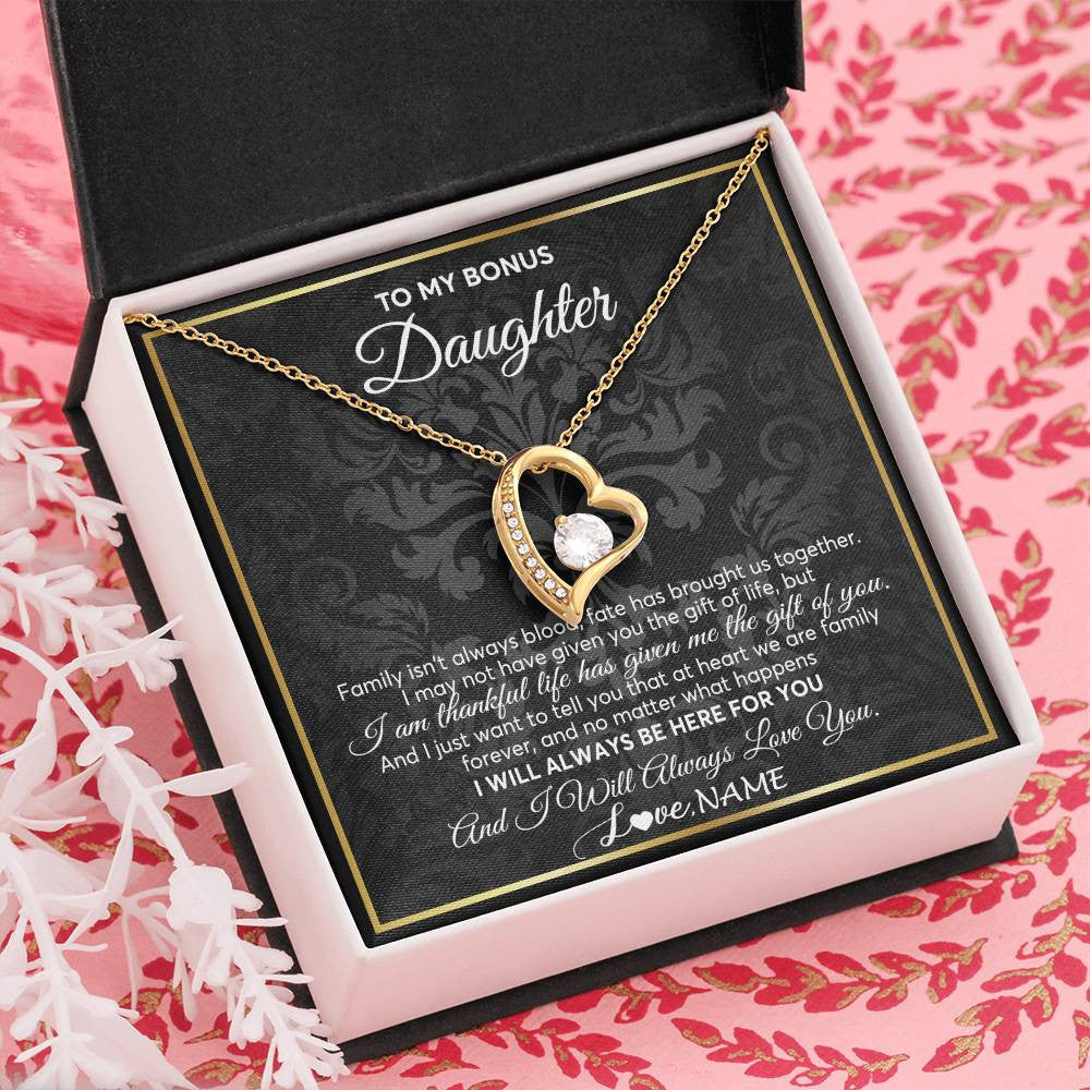Forever Love Necklace 18K Yellow Gold Finish | Personalized To My Bonus Daughter Necklace From Stepmom Stepdad Father Family Forever Stepdaughter Birthday Christmas Jewelry Customized Gift Box Message Card | teecentury