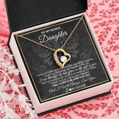 Forever Love Necklace 18K Yellow Gold Finish | Personalized To My Bonus Daughter Necklace From Stepmom Stepdad Father Family Forever Stepdaughter Birthday Christmas Jewelry Customized Gift Box Message Card | teecentury