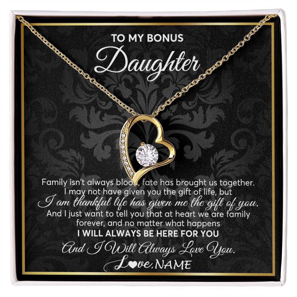 Forever Love Necklace 18K Yellow Gold Finish | Personalized To My Bonus Daughter Necklace From Stepmom Stepdad Father Family Forever Stepdaughter Birthday Christmas Jewelry Customized Gift Box Message Card | teecentury