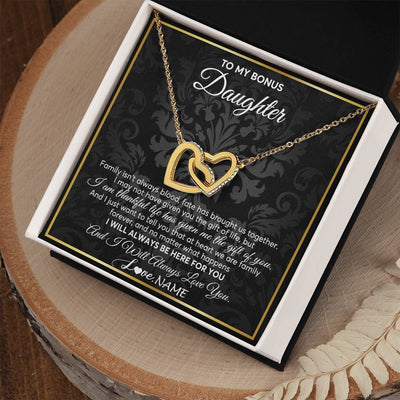Interlocking Hearts Necklace 18K Yellow Gold Finish | Personalized To My Bonus Daughter Necklace From Stepmom Stepdad Father Family Forever Stepdaughter Birthday Christmas Jewelry Customized Gift Box Message Card | teecentury