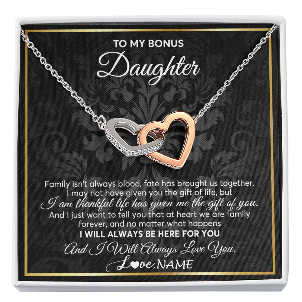 Interlocking Hearts Necklace Stainless Steel & Rose Gold Finish | Personalized To My Bonus Daughter Necklace From Stepmom Stepdad Father Family Forever Stepdaughter Birthday Christmas Jewelry Customized Gift Box Message Card | teecentury