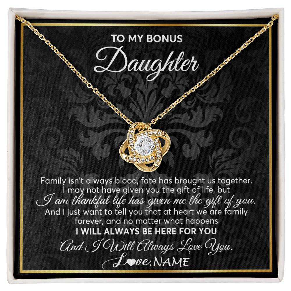 Love Knot Necklace 18K Yellow Gold Finish | Personalized To My Bonus Daughter Necklace From Stepmom Stepdad Father Family Forever Stepdaughter Birthday Christmas Jewelry Customized Gift Box Message Card | teecentury