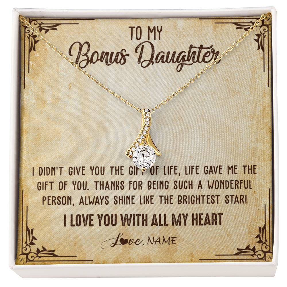 Alluring Beauty Necklace 18K Yellow Gold Finish | 1 | Personalized To My Bonus Daughter Necklace From Stepmom Stepdad I Love You With All My Heart Stepdaughter Birthday Christmas Customized Gift Box Message Card | teecentury
