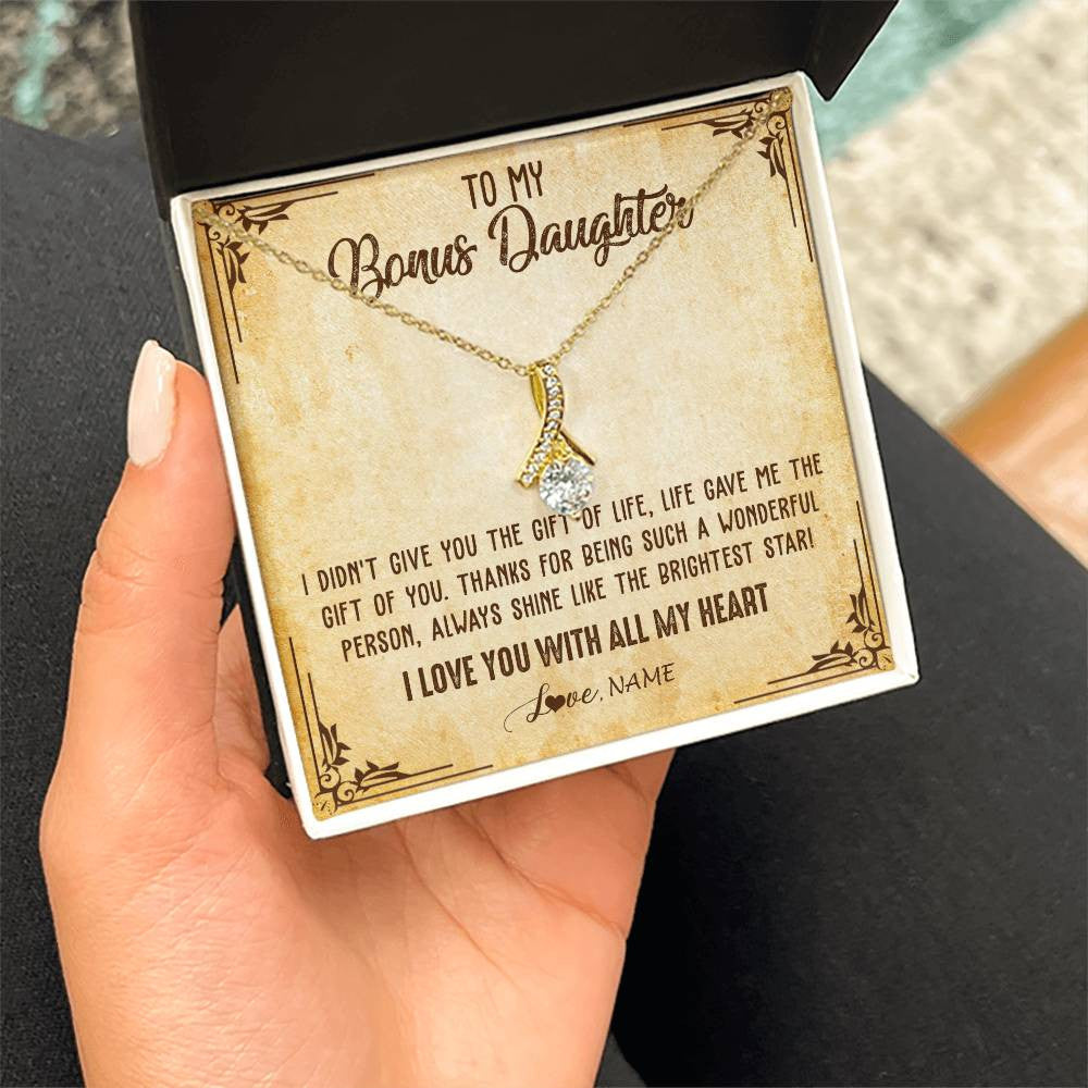 Alluring Beauty Necklace 18K Yellow Gold Finish | 2 | Personalized To My Bonus Daughter Necklace From Stepmom Stepdad I Love You With All My Heart Stepdaughter Birthday Christmas Customized Gift Box Message Card | teecentury