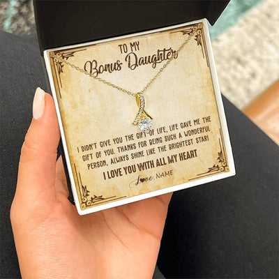 Alluring Beauty Necklace 18K Yellow Gold Finish | 2 | Personalized To My Bonus Daughter Necklace From Stepmom Stepdad I Love You With All My Heart Stepdaughter Birthday Christmas Customized Gift Box Message Card | teecentury