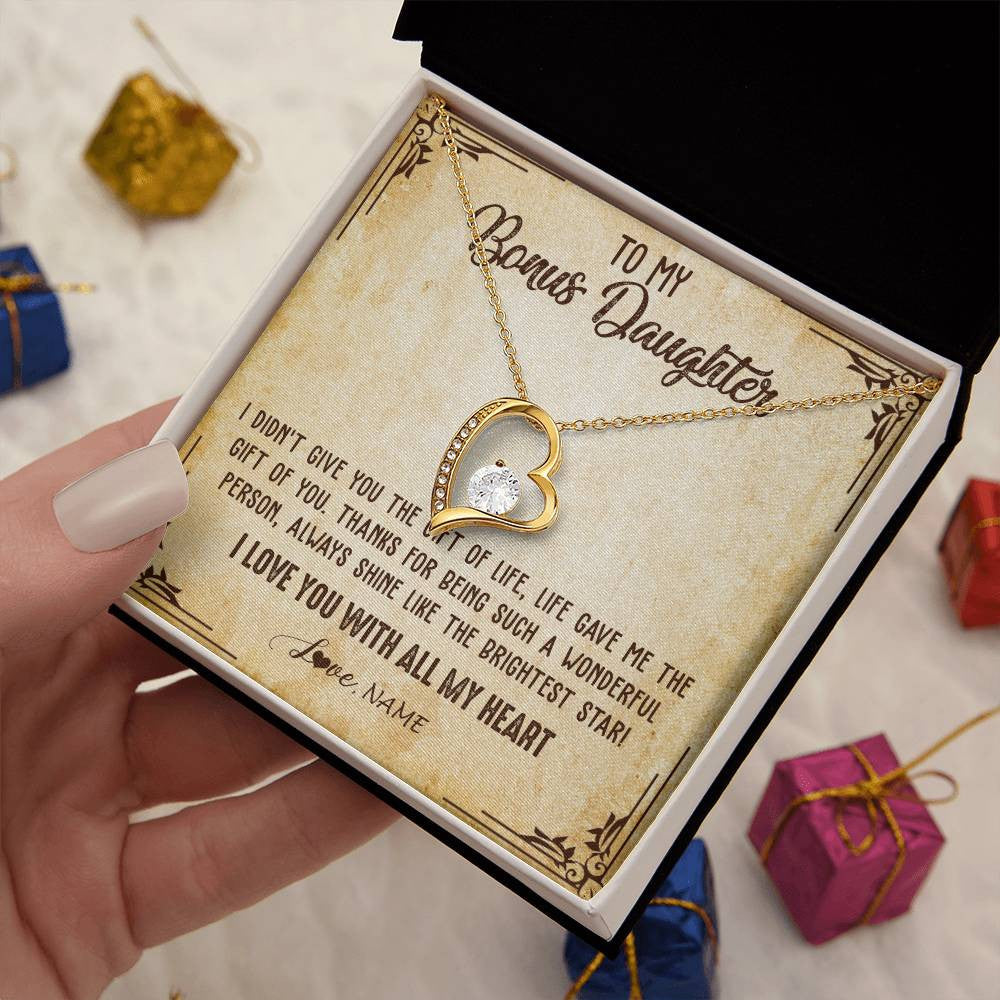 Forever Love Necklace 18K Yellow Gold Finish | 2 | Personalized To My Bonus Daughter Necklace From Stepmom Stepdad I Love You With All My Heart Stepdaughter Birthday Christmas Customized Gift Box Message Card | teecentury