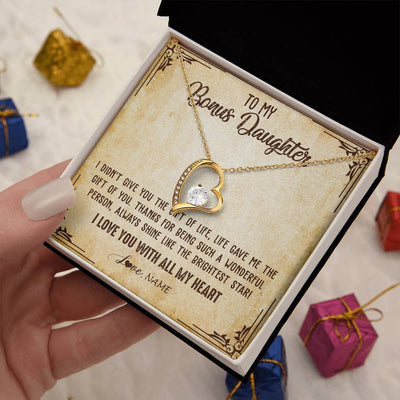 Forever Love Necklace 18K Yellow Gold Finish | 2 | Personalized To My Bonus Daughter Necklace From Stepmom Stepdad I Love You With All My Heart Stepdaughter Birthday Christmas Customized Gift Box Message Card | teecentury