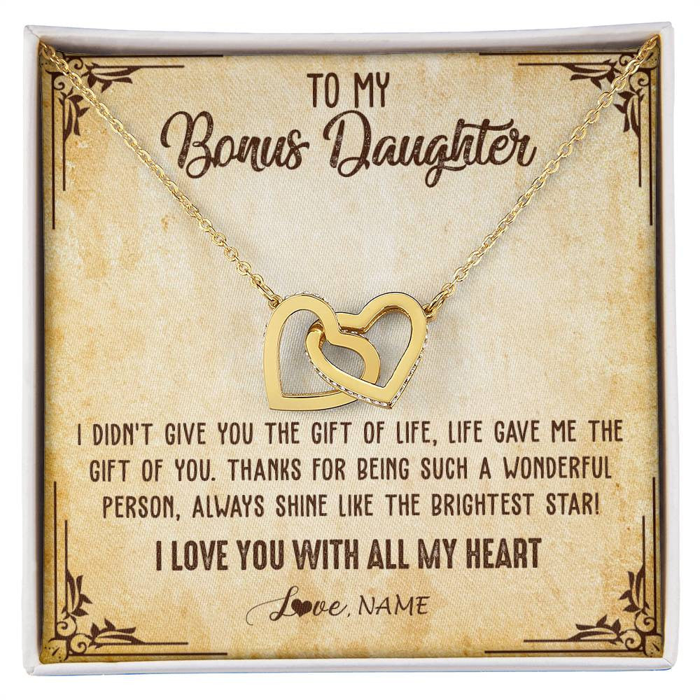 Interlocking Hearts Necklace 18K Yellow Gold Finish | 1 | Personalized To My Bonus Daughter Necklace From Stepmom Stepdad I Love You With All My Heart Stepdaughter Birthday Christmas Customized Gift Box Message Card | teecentury