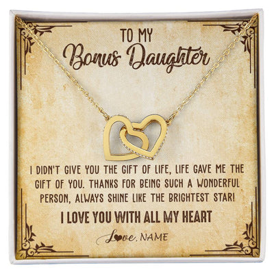 Interlocking Hearts Necklace 18K Yellow Gold Finish | 1 | Personalized To My Bonus Daughter Necklace From Stepmom Stepdad I Love You With All My Heart Stepdaughter Birthday Christmas Customized Gift Box Message Card | teecentury