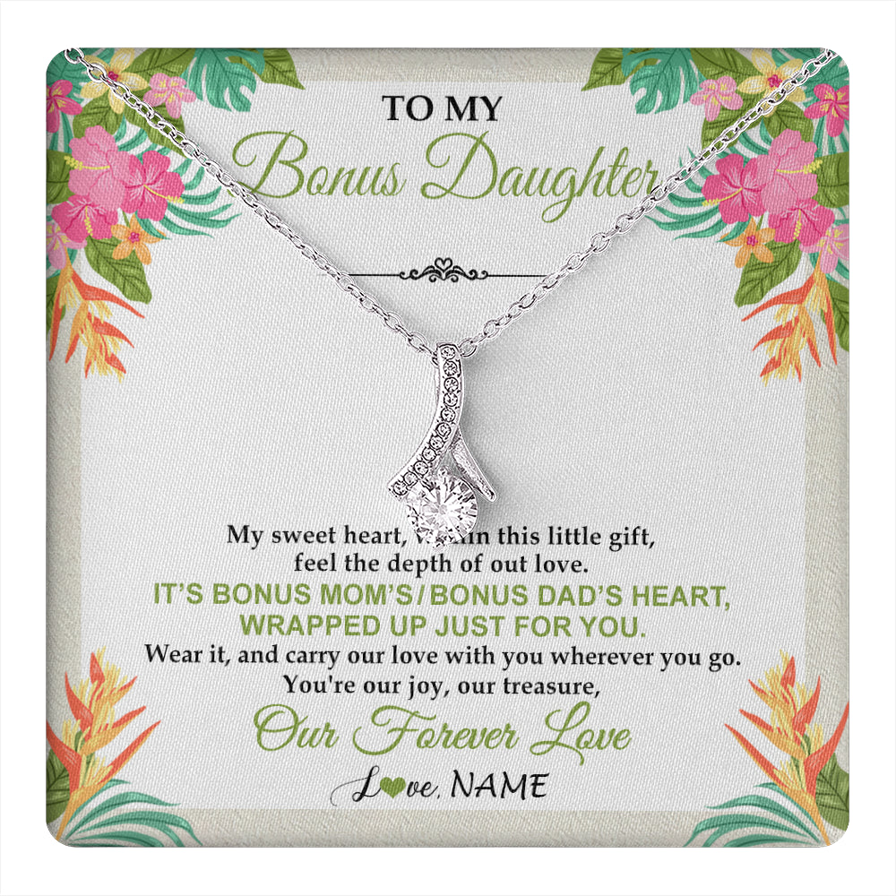Alluring Beauty Necklace 14K White Gold Finish | 1 | Personalized To My Bonus Daughter Necklace From Stepmom Stepdad My Sweet Heart Birthday Gift For Stepddaughter Christmas Graduation Gift Box Message Card | teecentury
