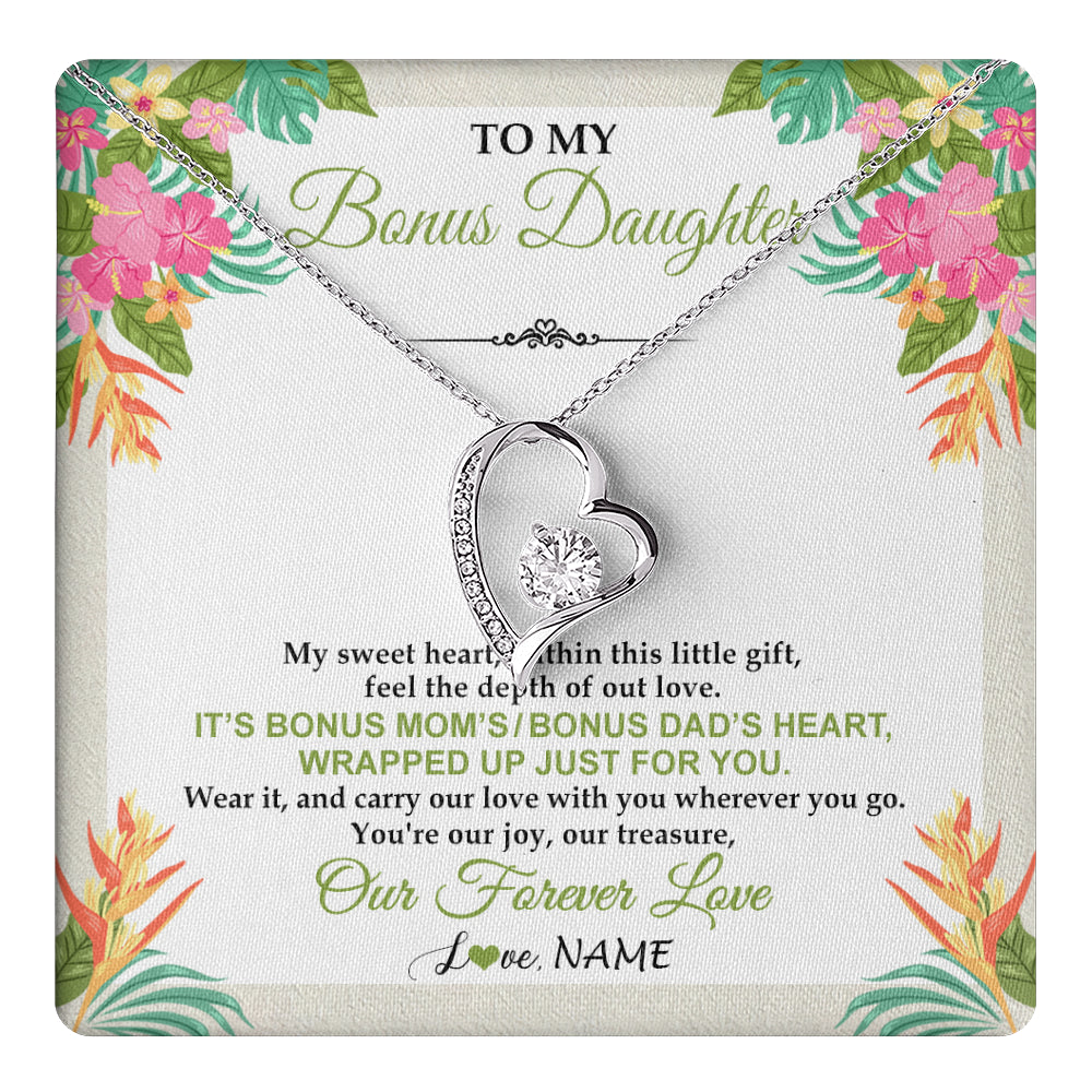 Forever Love Necklace 14K White Gold Finish | 1 | Personalized To My Bonus Daughter Necklace From Stepmom Stepdad My Sweet Heart Birthday Gift For Stepddaughter Christmas Graduation Gift Box Message Card | teecentury