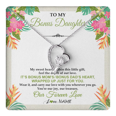 Forever Love Necklace 14K White Gold Finish | 1 | Personalized To My Bonus Daughter Necklace From Stepmom Stepdad My Sweet Heart Birthday Gift For Stepddaughter Christmas Graduation Gift Box Message Card | teecentury