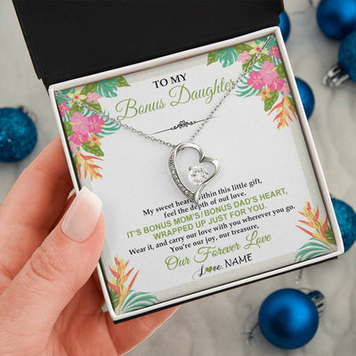 Forever Love Necklace 14K White Gold Finish | 2 | Personalized To My Bonus Daughter Necklace From Stepmom Stepdad My Sweet Heart Birthday Gift For Stepddaughter Christmas Graduation Gift Box Message Card | teecentury