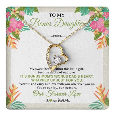 Forever Love Necklace 18K Yellow Gold Finish | 1 | Personalized To My Bonus Daughter Necklace From Stepmom Stepdad My Sweet Heart Birthday Gift For Stepddaughter Christmas Graduation Gift Box Message Card | teecentury