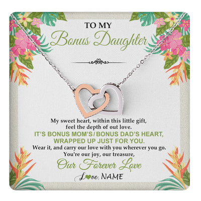 Interlocking Hearts Necklace Stainless Steel & Rose Gold Finish | 1 | Personalized To My Bonus Daughter Necklace From Stepmom Stepdad My Sweet Heart Birthday Gift For Stepddaughter Christmas Graduation Gift Box Message Card | teecentury