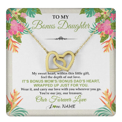 Interlocking Hearts Necklace 18K Yellow Gold Finish | 1 | Personalized To My Bonus Daughter Necklace From Stepmom Stepdad My Sweet Heart Birthday Gift For Stepddaughter Christmas Graduation Gift Box Message Card | teecentury