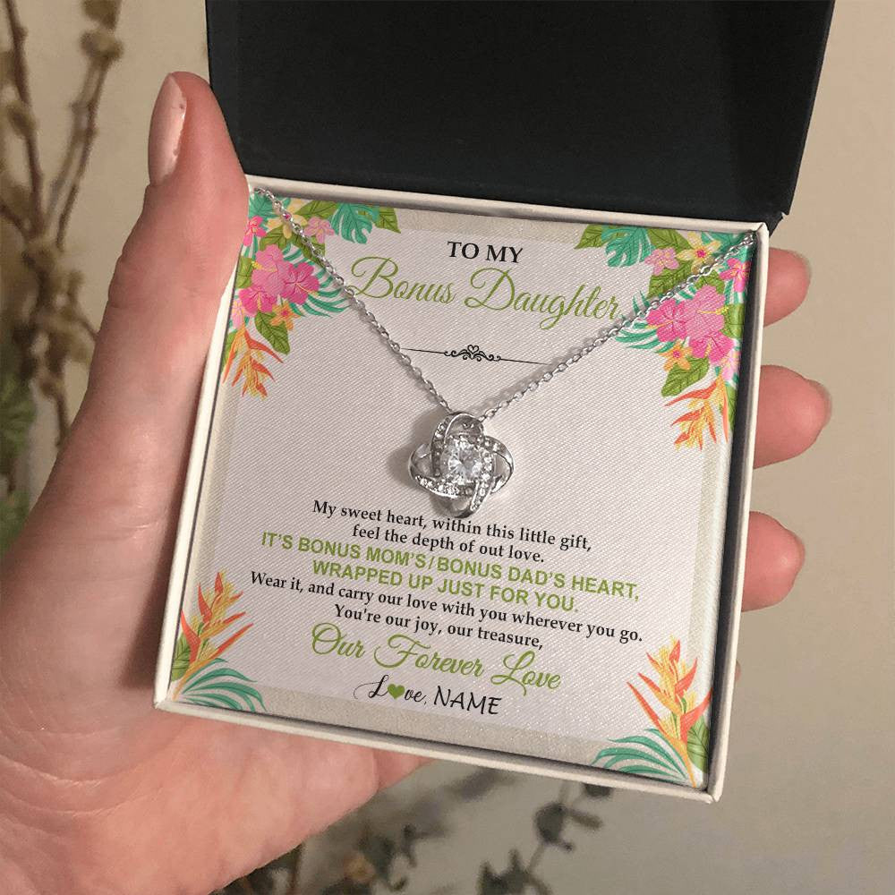 Love Knot Necklace 14K White Gold Finish | 2 | Personalized To My Bonus Daughter Necklace From Stepmom Stepdad My Sweet Heart Birthday Gift For Stepddaughter Christmas Graduation Gift Box Message Card | teecentury