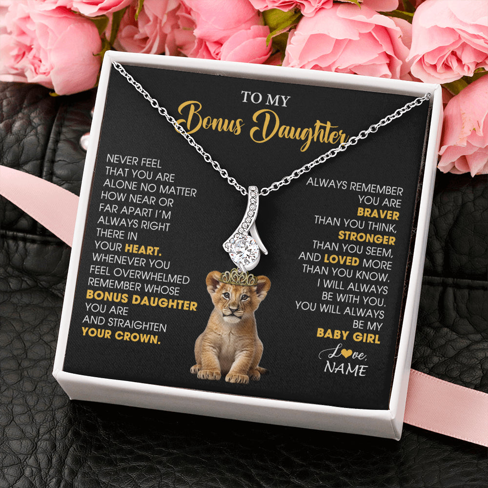 Alluring Beauty Necklace 14K White Gold Finish | 2 | Personalized To My Bonus Daughter Necklace From Stepmom Stepdad Never Feel You Are Alone Lion Birthday Gift Stepddaughter Christmas Gift Box Message Card | teecentury