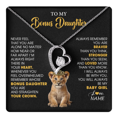 Forever Love Necklace 14K White Gold Finish | 1 | Personalized To My Bonus Daughter Necklace From Stepmom Stepdad Never Feel You Are Alone Lion Birthday Gift Stepddaughter Christmas Gift Box Message Card | teecentury