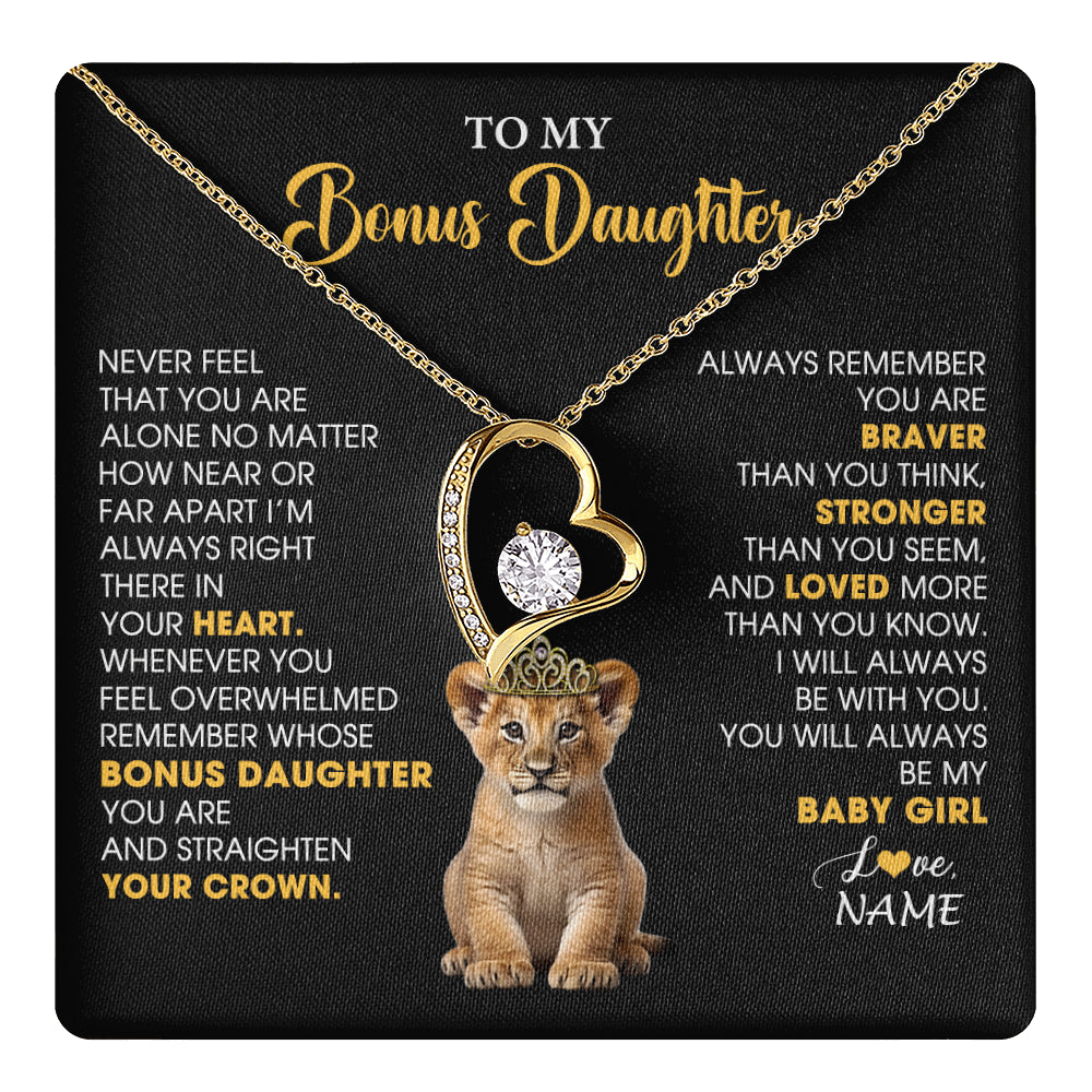 Forever Love Necklace 18K Yellow Gold Finish | 1 | Personalized To My Bonus Daughter Necklace From Stepmom Stepdad Never Feel You Are Alone Lion Birthday Gift Stepddaughter Christmas Gift Box Message Card | teecentury