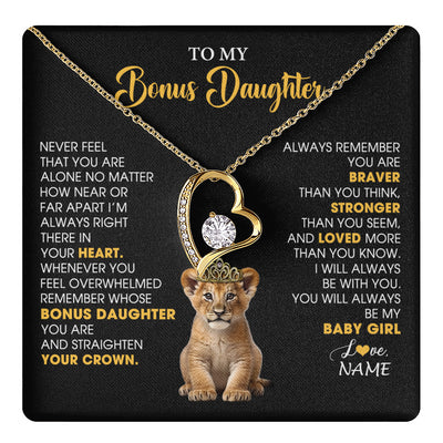 Forever Love Necklace 18K Yellow Gold Finish | 1 | Personalized To My Bonus Daughter Necklace From Stepmom Stepdad Never Feel You Are Alone Lion Birthday Gift Stepddaughter Christmas Gift Box Message Card | teecentury