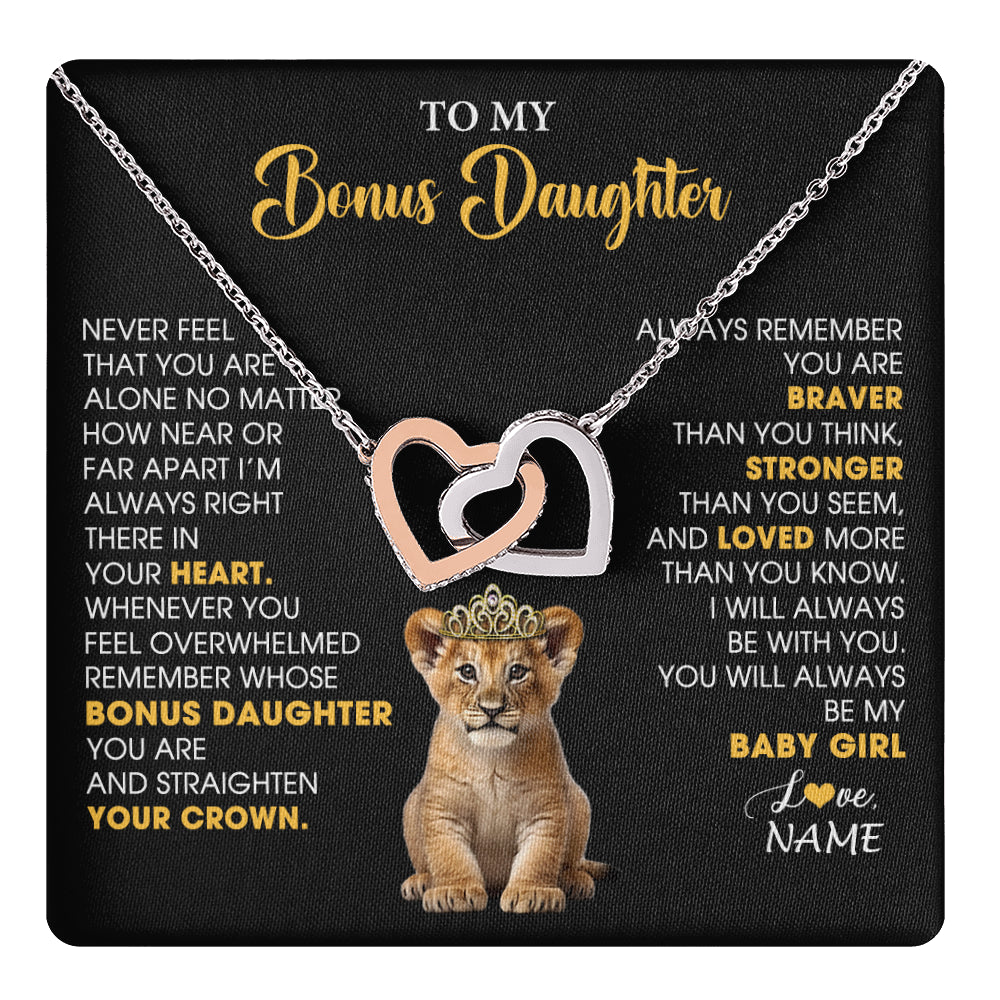 Interlocking Hearts Necklace Stainless Steel & Rose Gold Finish | 1 | Personalized To My Bonus Daughter Necklace From Stepmom Stepdad Never Feel You Are Alone Lion Birthday Gift Stepddaughter Christmas Gift Box Message Card | teecentury