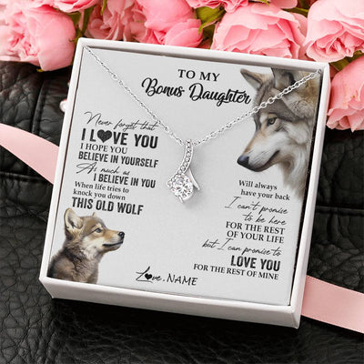 Alluring Beauty Necklace 14K White Gold Finish | 2 | Personalized To My Bonus Daughter Necklace From Stepmom Stepdad This Old Wolf Love You Stepdaughter Birthday Christmas Customized Gift Box Message Card | teecentury