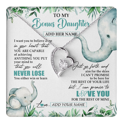 Forever Love Necklace 14K White Gold Finish | 1 | Personalized To My Bonus Daughter Necklace From Stepmom Stepdad You Will Never Lose Elephant Stepdaughter Birthday Gifts Christmas Gift Box Message Card | teecentury