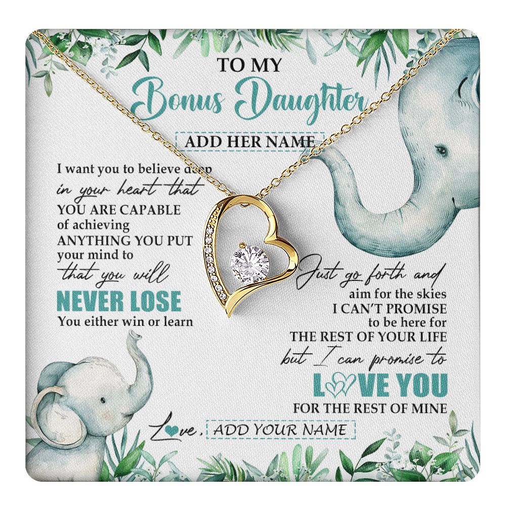 Forever Love Necklace 18K Yellow Gold Finish | 1 | Personalized To My Bonus Daughter Necklace From Stepmom Stepdad You Will Never Lose Elephant Stepdaughter Birthday Gifts Christmas Gift Box Message Card | teecentury