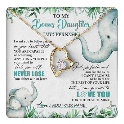 Forever Love Necklace 18K Yellow Gold Finish | 1 | Personalized To My Bonus Daughter Necklace From Stepmom Stepdad You Will Never Lose Elephant Stepdaughter Birthday Gifts Christmas Gift Box Message Card | teecentury