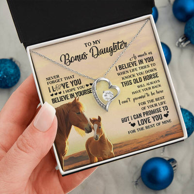 Forever Love Necklace 14K White Gold Finish | 2 | Personalized To My Bonus Daughter Necklace From Stepmom This Old Horse Love You Stepddaughter Birthday Jewelry Christmas Customized Gift Box Message Card | teecentury