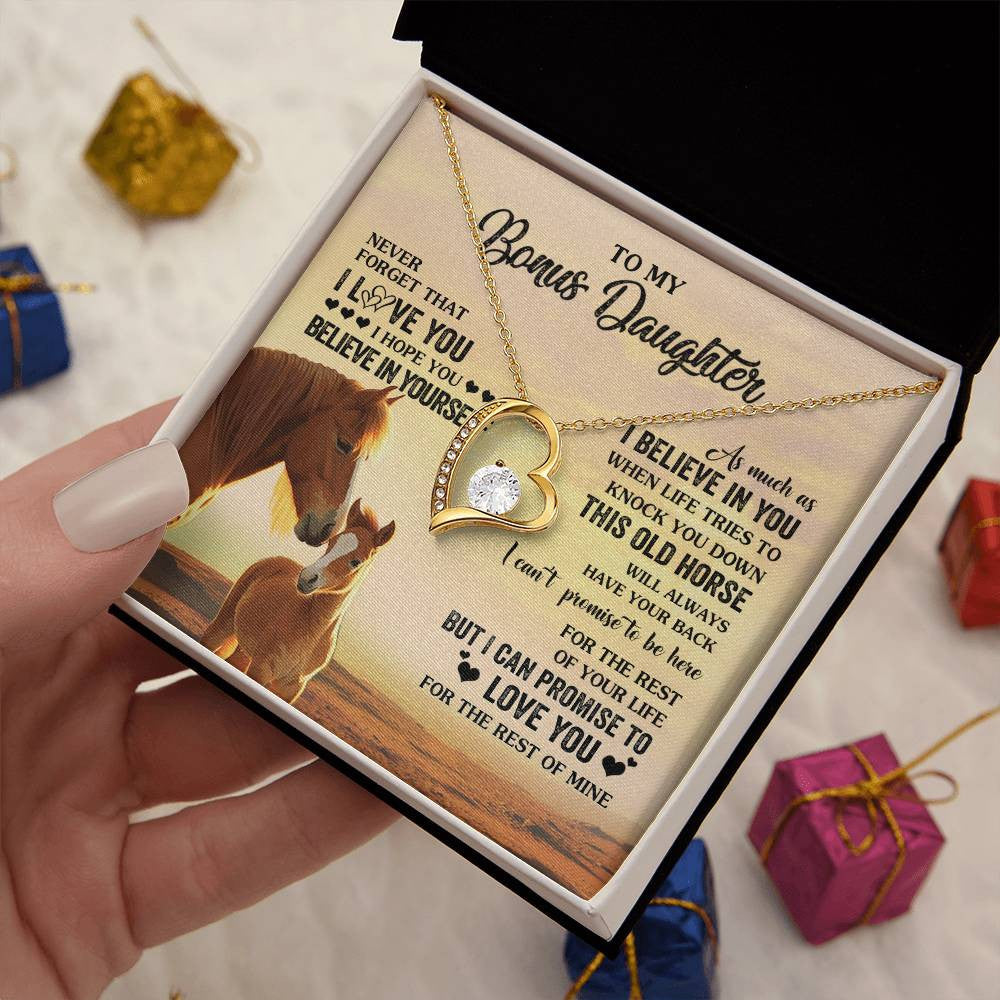 Forever Love Necklace 18K Yellow Gold Finish | 2 | Personalized To My Bonus Daughter Necklace From Stepmom This Old Horse Love You Stepddaughter Birthday Jewelry Christmas Customized Gift Box Message Card | teecentury