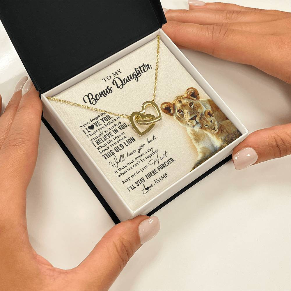 Interlocking Hearts Necklace 18K Yellow Gold Finish | 2 | Personalized To My Bonus Daughter Necklace From Stepmom This Old Lion Never Forget I Love You Stepdaughter Birthday Christmas Customized Gift Box Message Card.jpg | teecentury