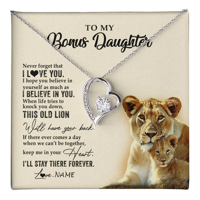 Forever Love Necklace 14K White Gold Finish | 1 | Personalized To My Bonus Daughter Necklace From Stepmom This Old Lion Never Forget I Love You Stepdaughter Birthday Christmas Customized Gift Box Message Card | teecentury