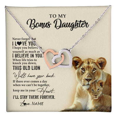 Interlocking Hearts Necklace Stainless Steel & Rose Gold Finish | 1 | Personalized To My Bonus Daughter Necklace From Stepmom This Old Lion Never Forget I Love You Stepdaughter Birthday Christmas Customized Gift Box Message Card | teecentury