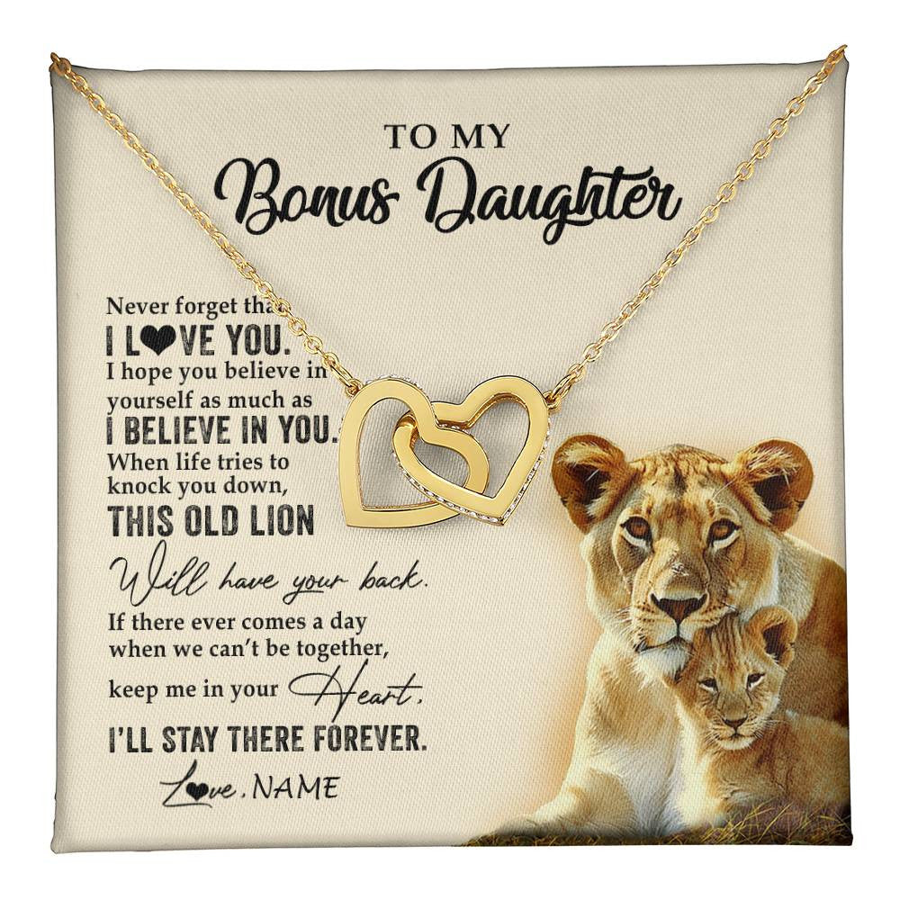 Interlocking Hearts Necklace 18K Yellow Gold Finish | 1 | Personalized To My Bonus Daughter Necklace From Stepmom This Old Lion Never Forget I Love You Stepdaughter Birthday Christmas Customized Gift Box Message Card | teecentury