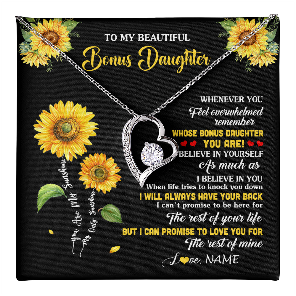 Forever Love Necklace 14K White Gold Finish | 1 | Personalized To My Bonus Daughter Necklace From Stepmom Whenever You Feel Sunflower Stepddaughter Birthday Jewelry Christmas Customized Gift Box Message Card | teecentury