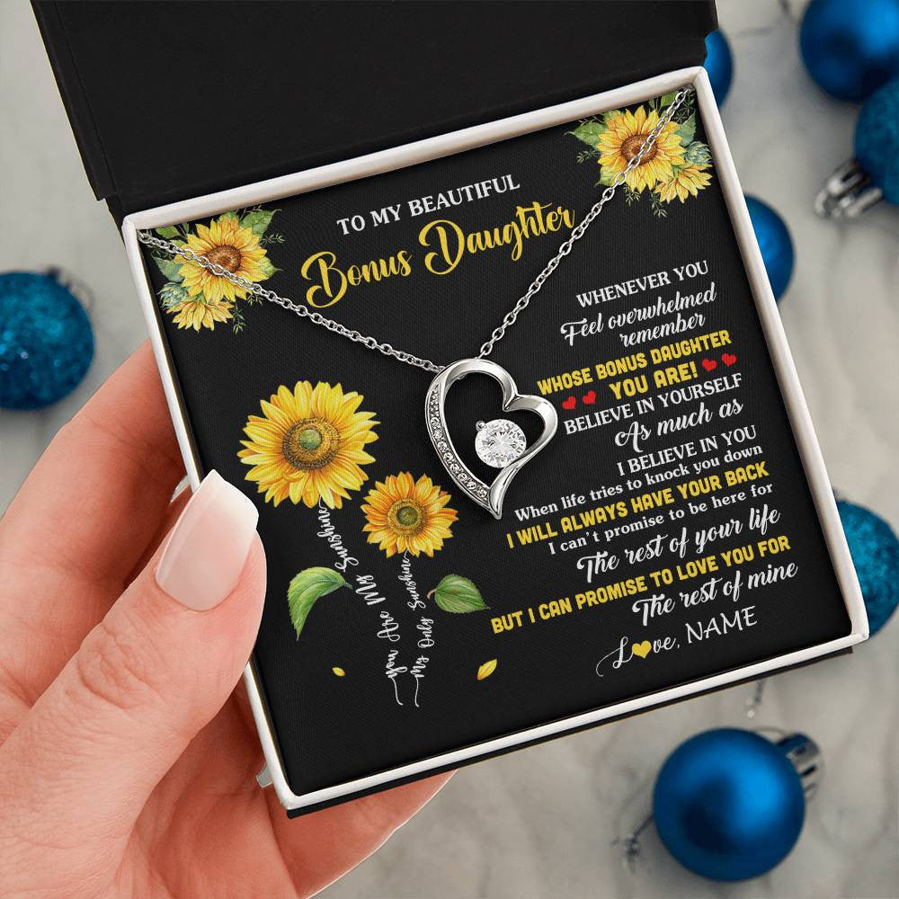 Forever Love Necklace 14K White Gold Finish | 2 | Personalized To My Bonus Daughter Necklace From Stepmom Whenever You Feel Sunflower Stepddaughter Birthday Jewelry Christmas Customized Gift Box Message Card | teecentury