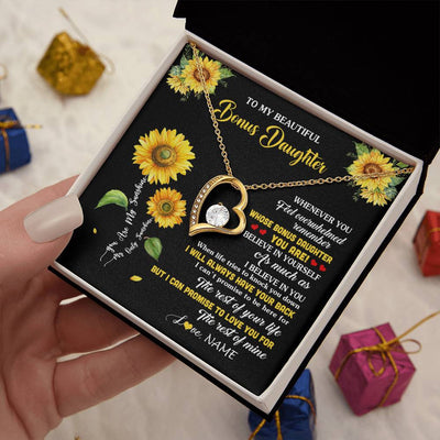 Forever Love Necklace 18K Yellow Gold Finish | 2 | Personalized To My Bonus Daughter Necklace From Stepmom Whenever You Feel Sunflower Stepddaughter Birthday Jewelry Christmas Customized Gift Box Message Card | teecentury