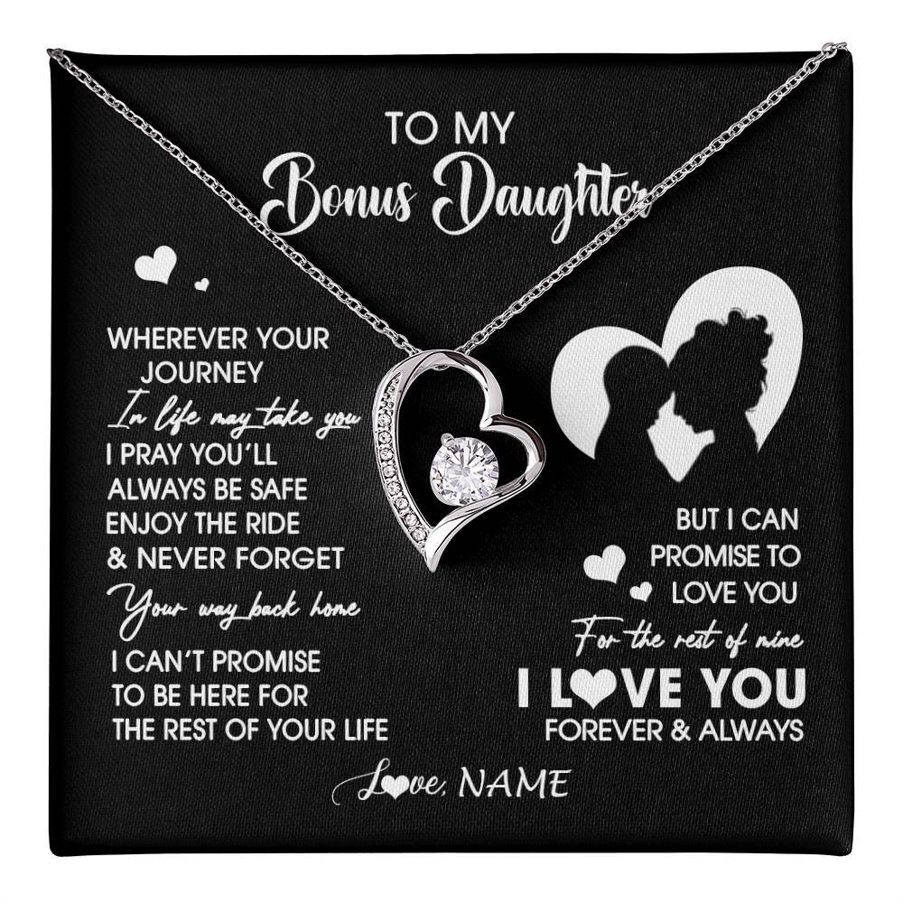 Forever Love Necklace 14K White Gold Finish | 1 | Personalized To My Bonus Daughter Necklace From Stepmom Wherever Your Journey Stepdaughter Birthday Gifts Graduation Christmas Customized Gift Box Message Card | teecentury