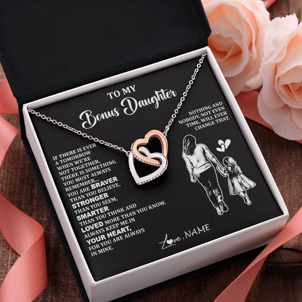 Interlocking Hearts Necklace Stainless Steel & Rose Gold Finish | 2 | Personalized To My Bonus Daughter Necklace From Stepmom You Are Always In Mine Beautiful Stepddaughter Birthday Graduation Christmas With Gift Box Message Card | teecentury