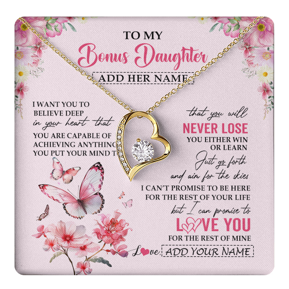 Forever Love Necklace 18K Yellow Gold Finish | 1 | Personalized To My Bonus Daughter Necklace From Stepmom You Will Never Lose Butterfly Stepdaughter Birthday Gifts Graduation Christmas Gift Box Message Card | teecentury