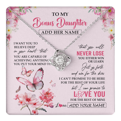 Love Knot Necklace 14K White Gold Finish | 1 | Personalized To My Bonus Daughter Necklace From Stepmom You Will Never Lose Butterfly Stepdaughter Birthday Gifts Graduation Christmas Gift Box Message Card | teecentury