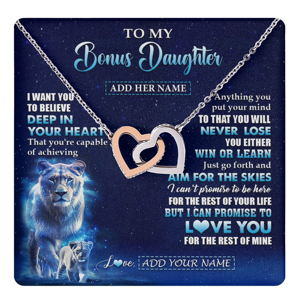 Interlocking Hearts Necklace Stainless Steel & Rose Gold Finish | 1 | Personalized To My Bonus Daughter Necklace From Stepmother Believe Your Heart Stepdaughter Gift Birthday Graduation Christmas Customized Gift Box Message Card | teecentury.myshopify