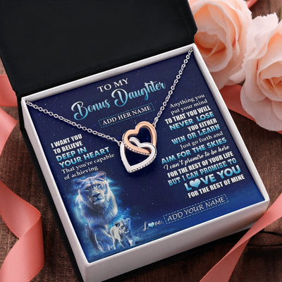 Interlocking Hearts Necklace Stainless Steel & Rose Gold Finish | 2 | Personalized To My Bonus Daughter Necklace From Stepmother Believe Your Heart Stepdaughter Gift Birthday Graduation Christmas Customized Gift Box Message Card | teecentury.myshopify