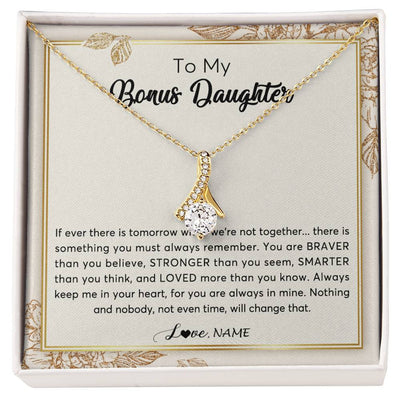 Alluring Beauty Necklace 18K Yellow Gold Finish | Personalized To My Bonus Daughter Necklace From Stepmother Braver Stronger Smarter Loved Daughter Jewelry Birthday Christmas Customized Gift Box Message Card | teecentury