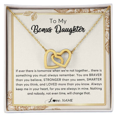 Interlocking Hearts Necklace 18K Yellow Gold Finish | Personalized To My Bonus Daughter Necklace From Stepmother Braver Stronger Smarter Loved Daughter Jewelry Birthday Christmas Customized Gift Box Message Card | teecentury