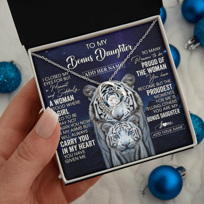 Forever Love Necklace 14K White Gold Finish | 2 | Personalized To My Bonus Daughter Necklace From Stepmother Dad I Close My Eyes White Tiger Stepdaughter Birthday Gift Christmas Gift Box Message Card | https://teecentury.