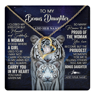 Forever Love Necklace 18K Yellow Gold Finish | 1 | Personalized To My Bonus Daughter Necklace From Stepmother Dad I Close My Eyes White Tiger Stepdaughter Birthday Gift Christmas Gift Box Message Card | https://teecentury.