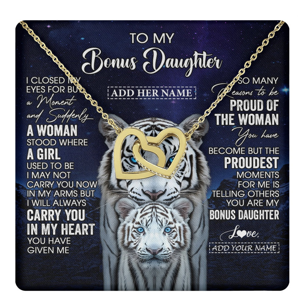 Interlocking Hearts Necklace 18K Yellow Gold Finish | 1 | Personalized To My Bonus Daughter Necklace From Stepmother Dad I Close My Eyes White Tiger Stepdaughter Birthday Gift Christmas Gift Box Message Card | https://teecentury.